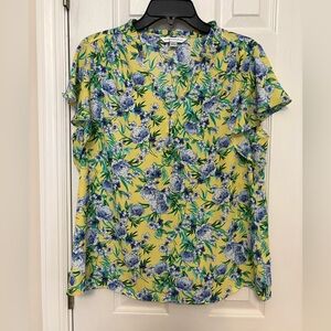 Yellow and Blue Floral Ruffle Sleeve Blouse